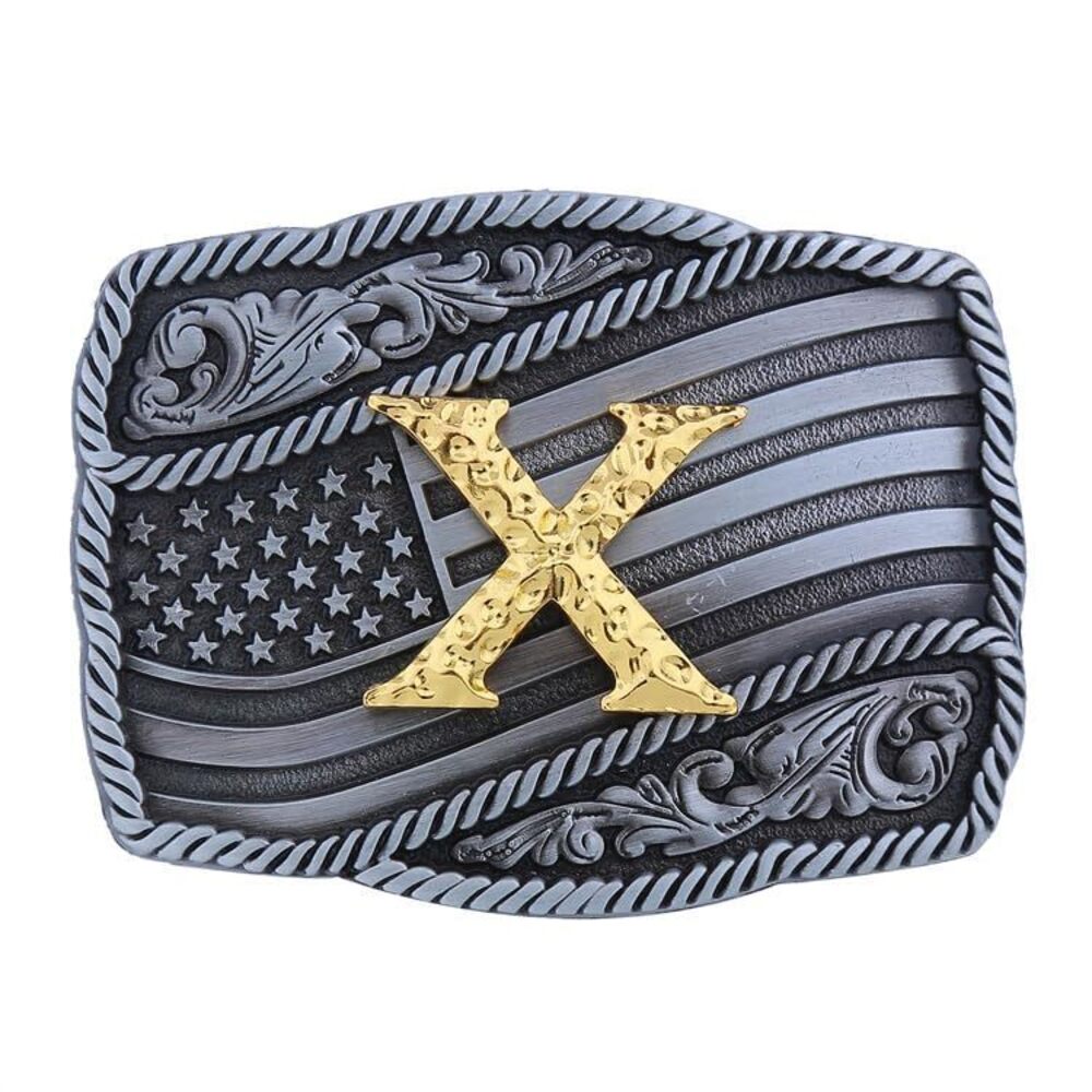 3750 Western Cowboy Belt Buckle , Initial Letters American Flag Belt Buckle